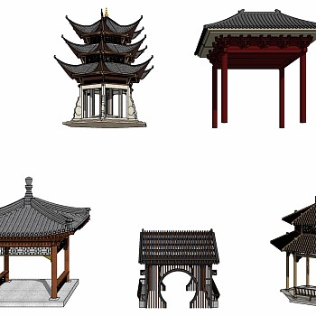 3中式古典古建廊架凉亭六角四角凉亭sketchup草图模型下载