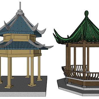 04中式古建六角八角凉亭sketchup草图模型下载