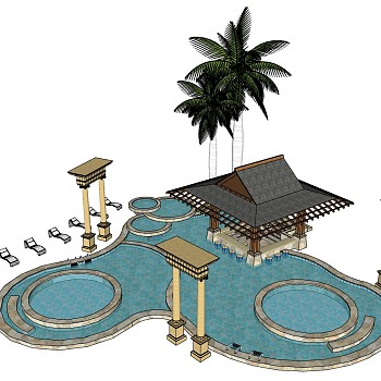 24东南亚户外泳池水景凉亭建筑椰子树躺椅欧式罗马柱sketchup草图模型下载