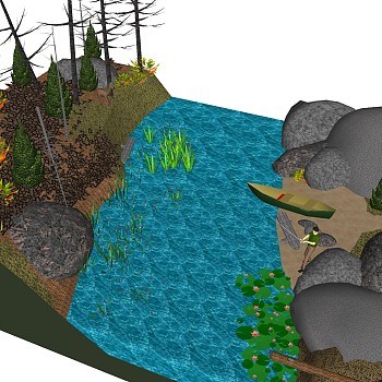 07河道石头水草园林景观sketchup草图模型下载