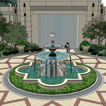 02欧式法式景观叠水水景喷泉植物树园林景观sketchup草图模型下载