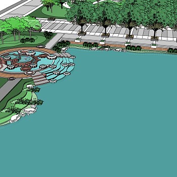 05人造湖水系叠水水景喷泉绿植树规划设计园林景观sketchup草图模型下载