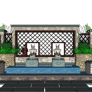 38中式景观背景墙欧式水景喷泉花池水池sketchup草图模型下载