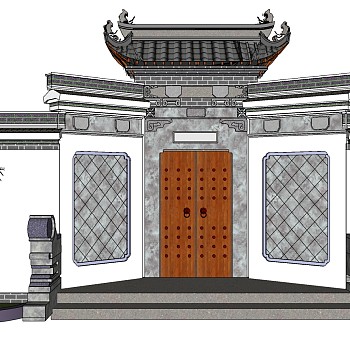 31中式古建门头大门院墙sketchup草图模型下载