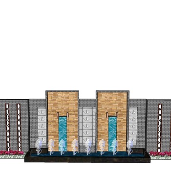 中式景观背景墙水景喷泉sketchup草图模型下载