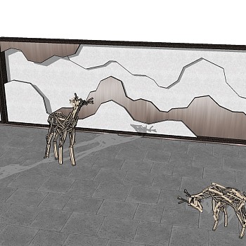 新中式拟山水景墙景观石头山脉片石线条水景背景墙麋鹿抽象雕塑