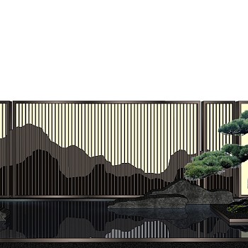 新中式 新亚洲景墙,景墙水景松树迎客松 sketchup草图模型下载