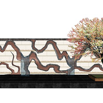 6新中式新亚洲石砖景墙背景墙景观树sketchup草图模型下载