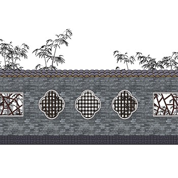 11新中式新亚洲石砖花格景墙背景墙红灯笼竹子sketchup草图模型下载