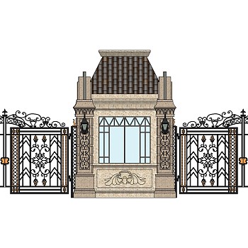 08欧式住宅小区雕花铁艺入口大门门楼岗亭sketchup草图模型下载