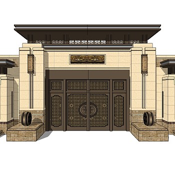 10新中式别墅会所入口大门铜雕门欧式住宅小区入口大门门楼岗亭sketchup草图模型下载