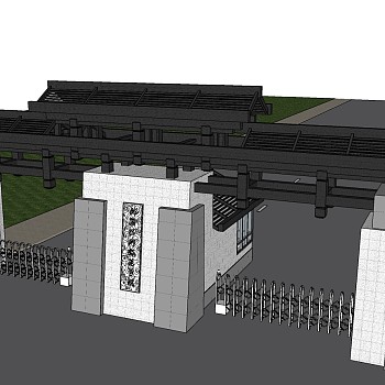 12新中式大门山门牌楼牌坊门楼入口大门电动伸缩门sketchup草图模型下载