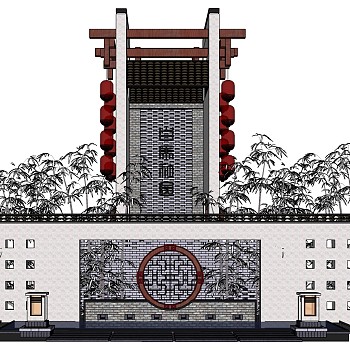 4中式大门景观背景墙水景花窗红灯笼竹子庭院灯门sketchup草图模型下载