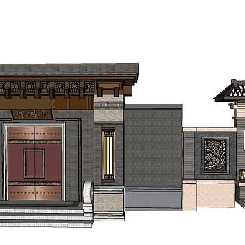 15新中式别墅会所入户大门门头院墙云纹铁艺雕花sketchup草图模型下载