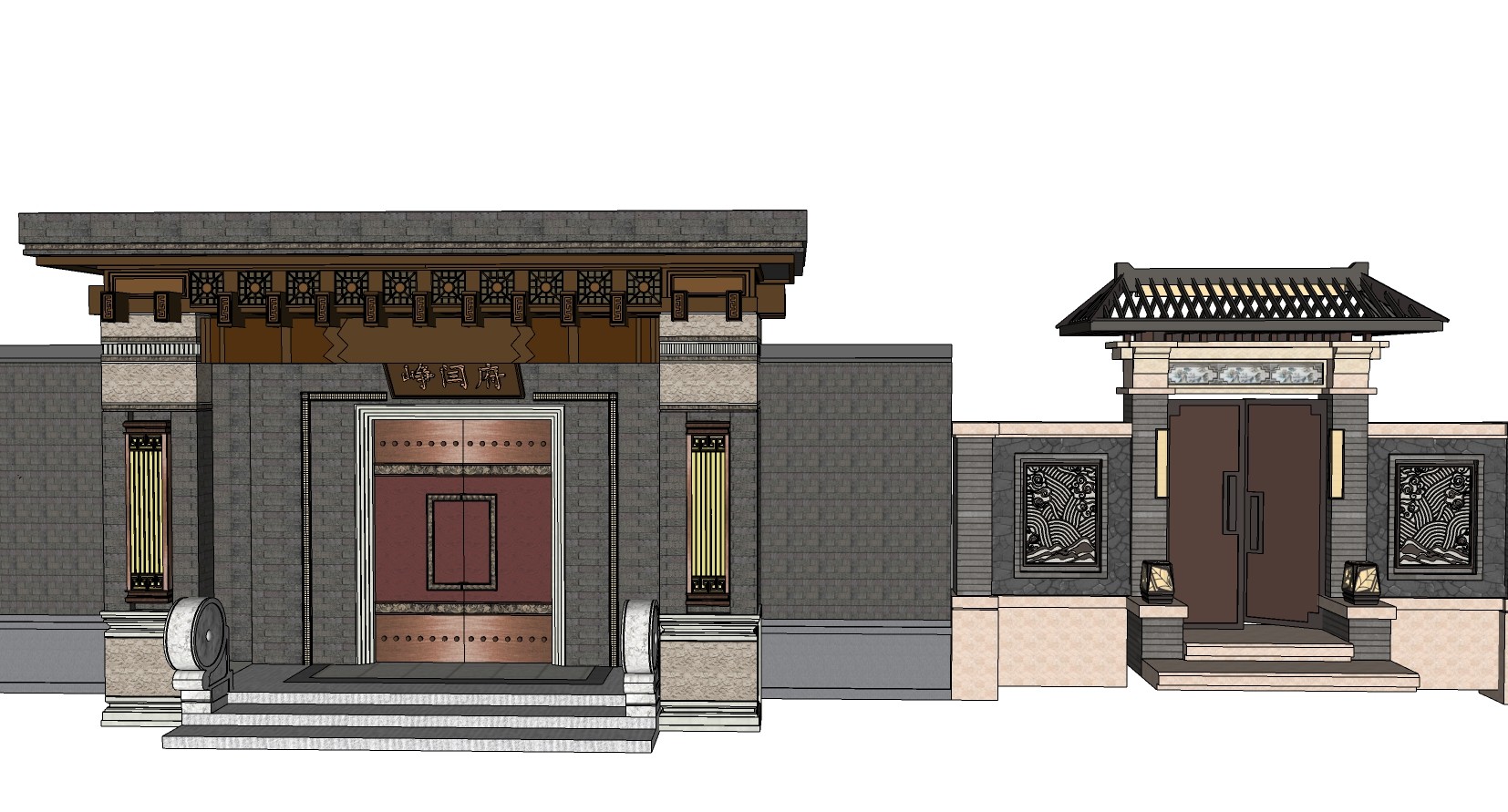 中式别墅庭院建筑大门门楼 院墙 门头 (8) - 草图大师模型