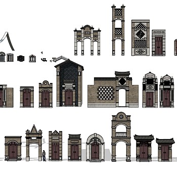 16中式欧式建筑入口大门门头牌楼院墙sketchup草图模型下载