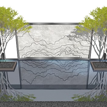 12新中式新亚洲假山山脉景墙背景墙倒影水池水景树sketchup草图模型下载