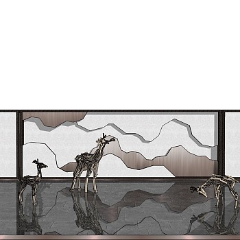 17新中式新亚洲羚羊麋鹿i雕塑倒影景墙背景墙sketchup草图模型下载