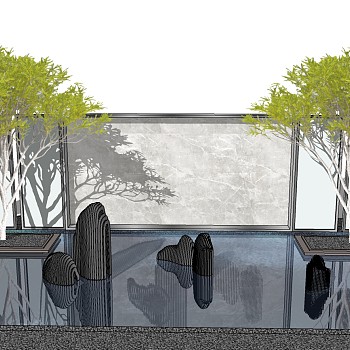14中式景观水景树石头水池sketchup草图模型下载