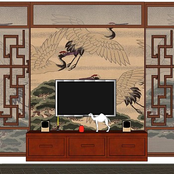 6新中式新亚洲木制花格 山鹤景墙背景墙电视雕塑摆件sketchup草图模型下载