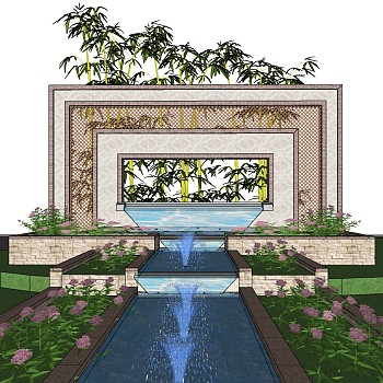 3中式园林景观水景花池喷泉竹子背景墙sketchup草图模型下载