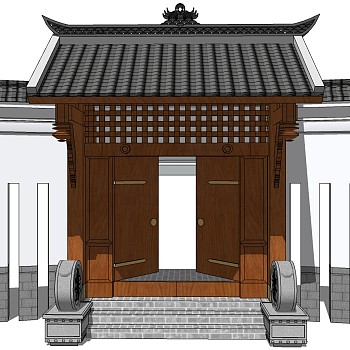 中式别墅庭院建筑大门门楼 院墙   门头  (86)