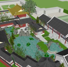 10中式古建四合院景观长廊凉亭人造湖水系石头花园园林景观sketchup草图模型下载