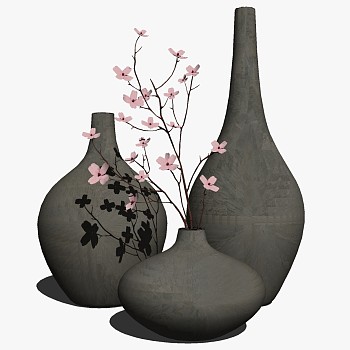 现代新中式陶瓷玻璃花瓶插花花艺摆件饰品桃花su草图模型 下载