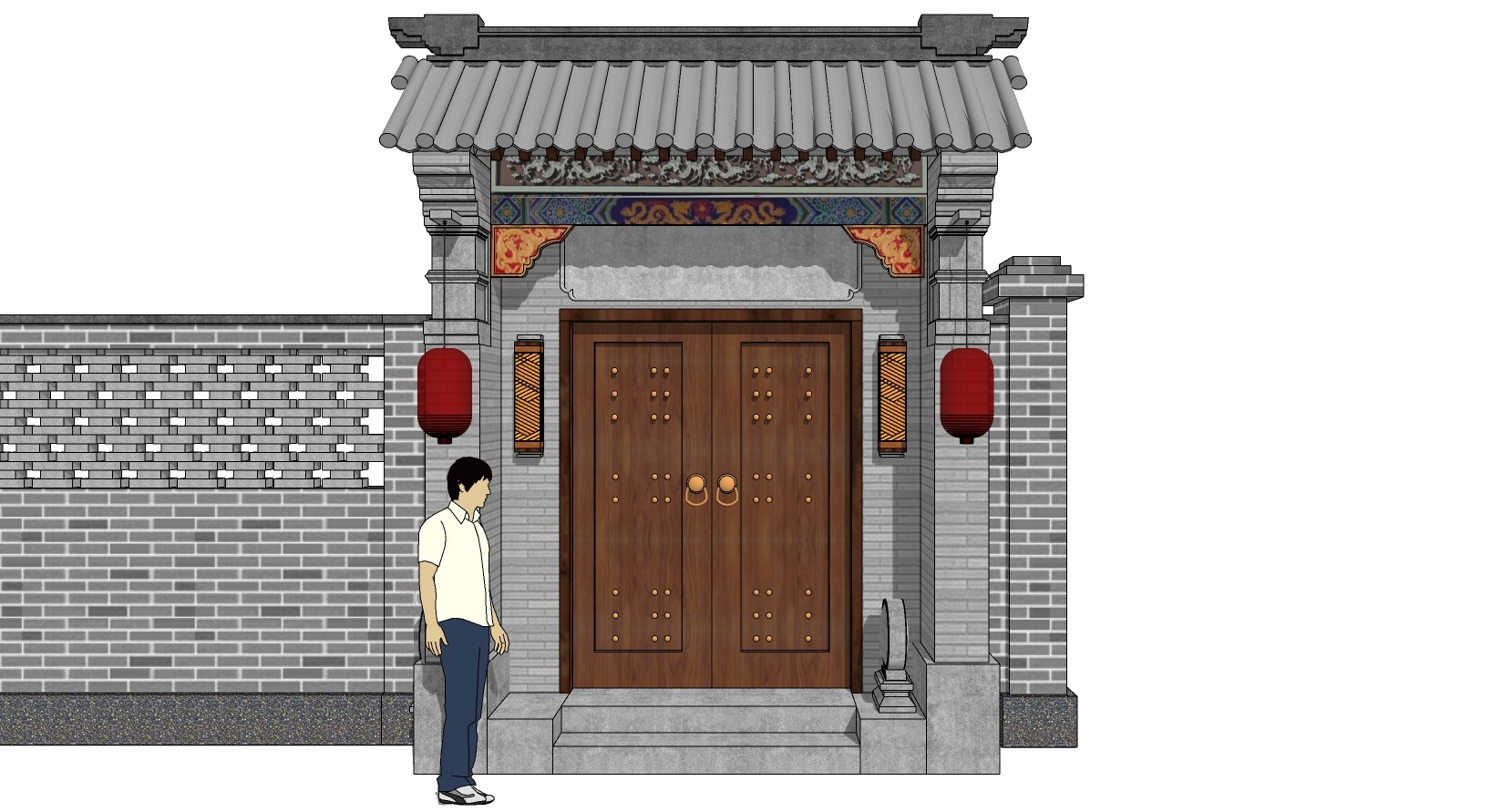中式别墅庭院建筑大门门楼 院墙 门头 (83) - 草图大师模型