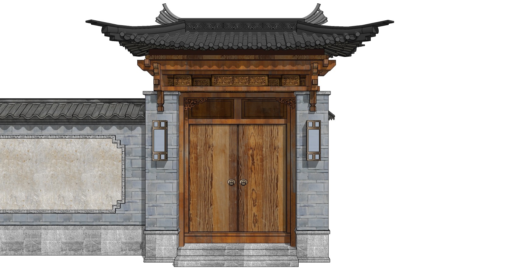中式别墅庭院建筑大门门楼 院墙 门头 (86) - 草图大师模型