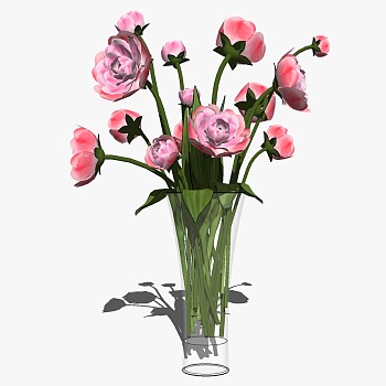 现代欧式玻璃花瓶花艺插花摆件饰品 洋桔梗玫瑰su草图模型下载 (2)
