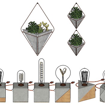 5现代石制台灯灯泡吊兰盆栽组合SketchUp草图模型下载