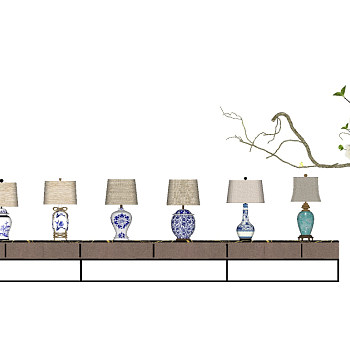 114新中式青花瓷台灯花瓶插花干枝摆件组合SketchUp草图模型下载
