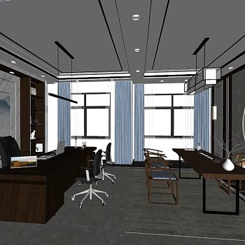 18新中式办公室深色木纹办公桌sketchup草图模型下载