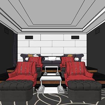 后现代新古典美式别墅影音室沙发组合SketchUp草图模型下载