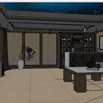 欧式影音娱乐室水吧酒吧台现代转角沙发印象投影仪酒柜SketchUp草图模型下载