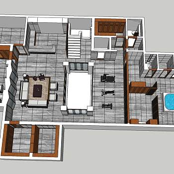 新中式别墅设计沙发茶几健身器材SketchUp草图模型下载