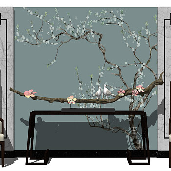 12新中式端景装饰边柜条案高靠背彩绘布艺椅子干树枝摆品艺术羊皮纸壁灯回字纹造型背景墙-sketchup草图模型下载