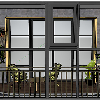 06现代休闲椅文化石墙面绿植花艺架盆栽景观阳台木质栏杆sketchup草图模型下载