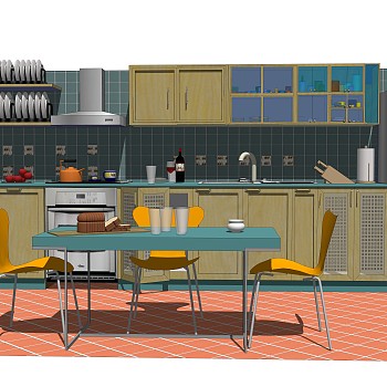 76现代美式乡村工业风厨房sketchup草图模型下载