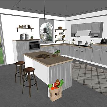 41现代北欧田园地中海餐厅厨房sketchup草图模型下载