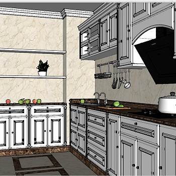 96简欧式美式法式厨房sketchup草图模型下载