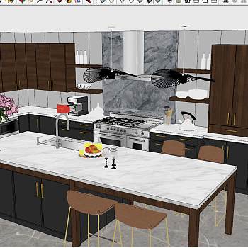 93现代北欧低奢开放式厨房sketchup草图模型下载