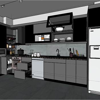 60现代北欧工业风厨房sketchup草图模型下载