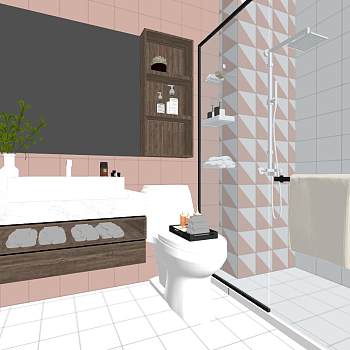 6北欧现代卫生间木纹浴室sketchup草图模型下载