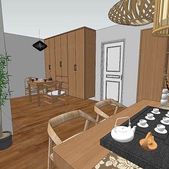 0115北欧现代新中式书房茶室sketchup草图模型下载