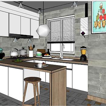 25现代北欧开方厨房sketchup草图模型下载