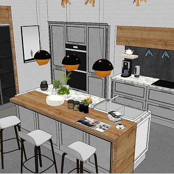 14现代北欧工业风简欧式美式田园开放式厨柜sketchup草图模型下载