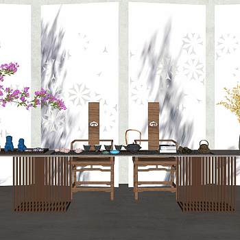 0113新中式泰式日式中式茶桌椅sketchup草图模型下载