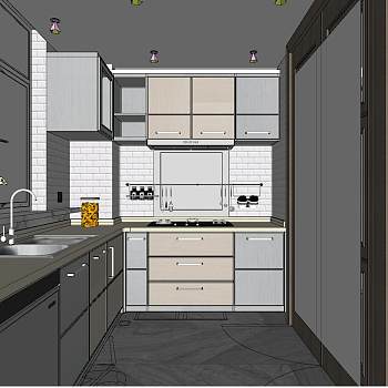 20现代北欧工业风L型厨房sketchup草图模型下载